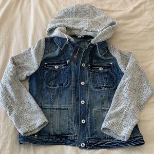 INC denim jacket with knit sleeves and hood